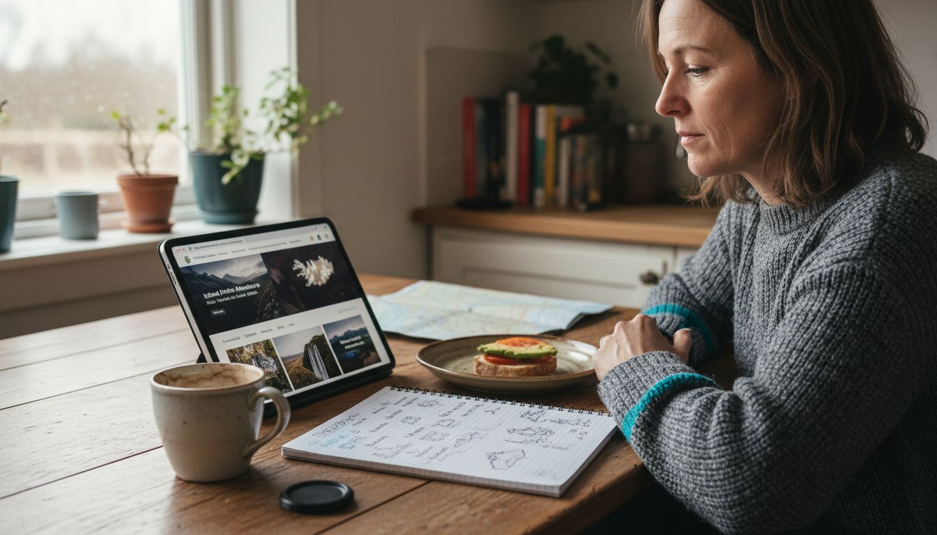 Woman researching Iceland photography tour options