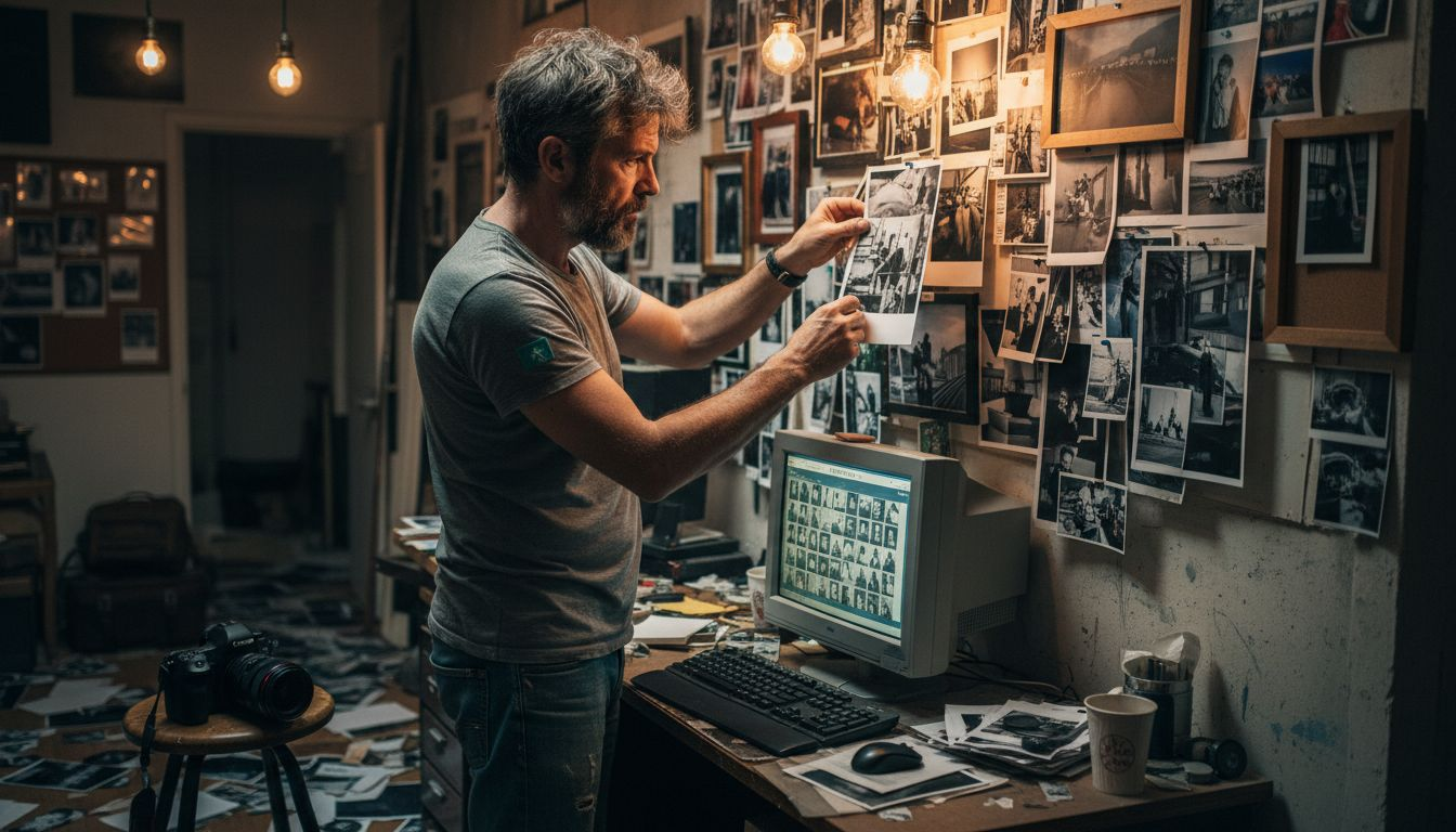 Photographer curating images in creative studio