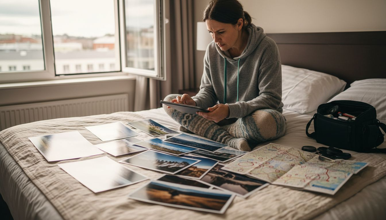 Woman reviews Iceland photos and maps