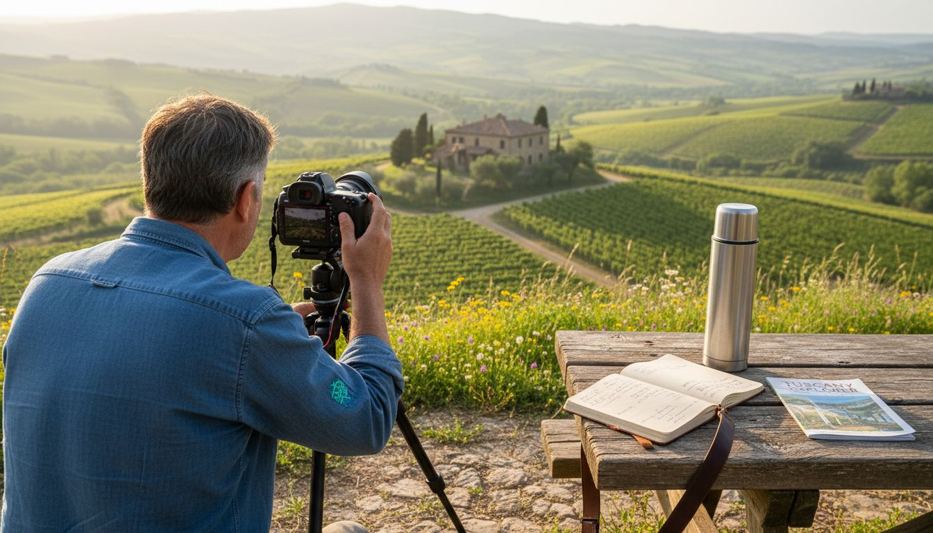 Man composing travel narrative image outdoors