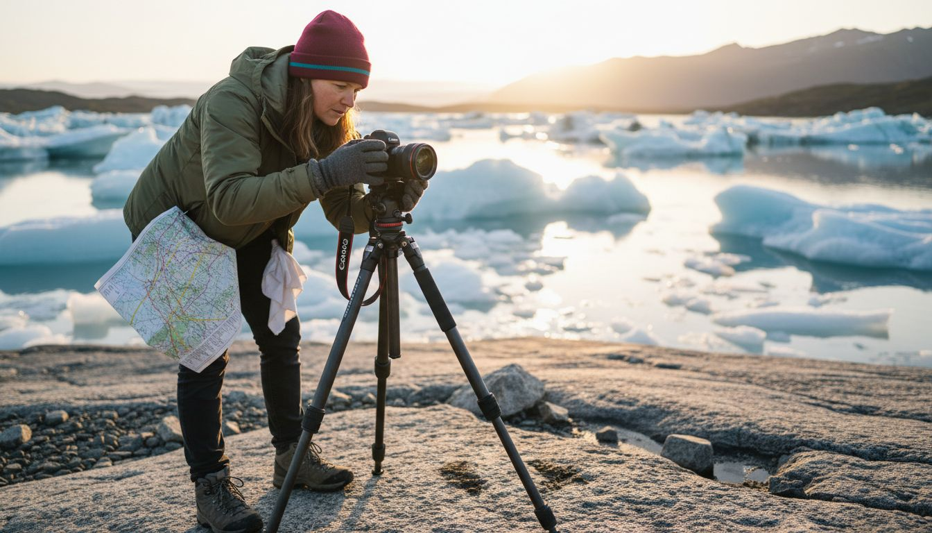 Photographer adjusts lens filter by icy lagoon