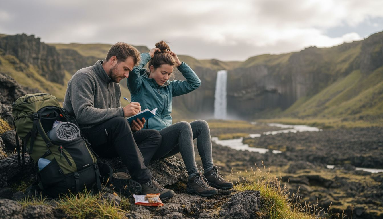 Couple resting on lava rock in Iceland
