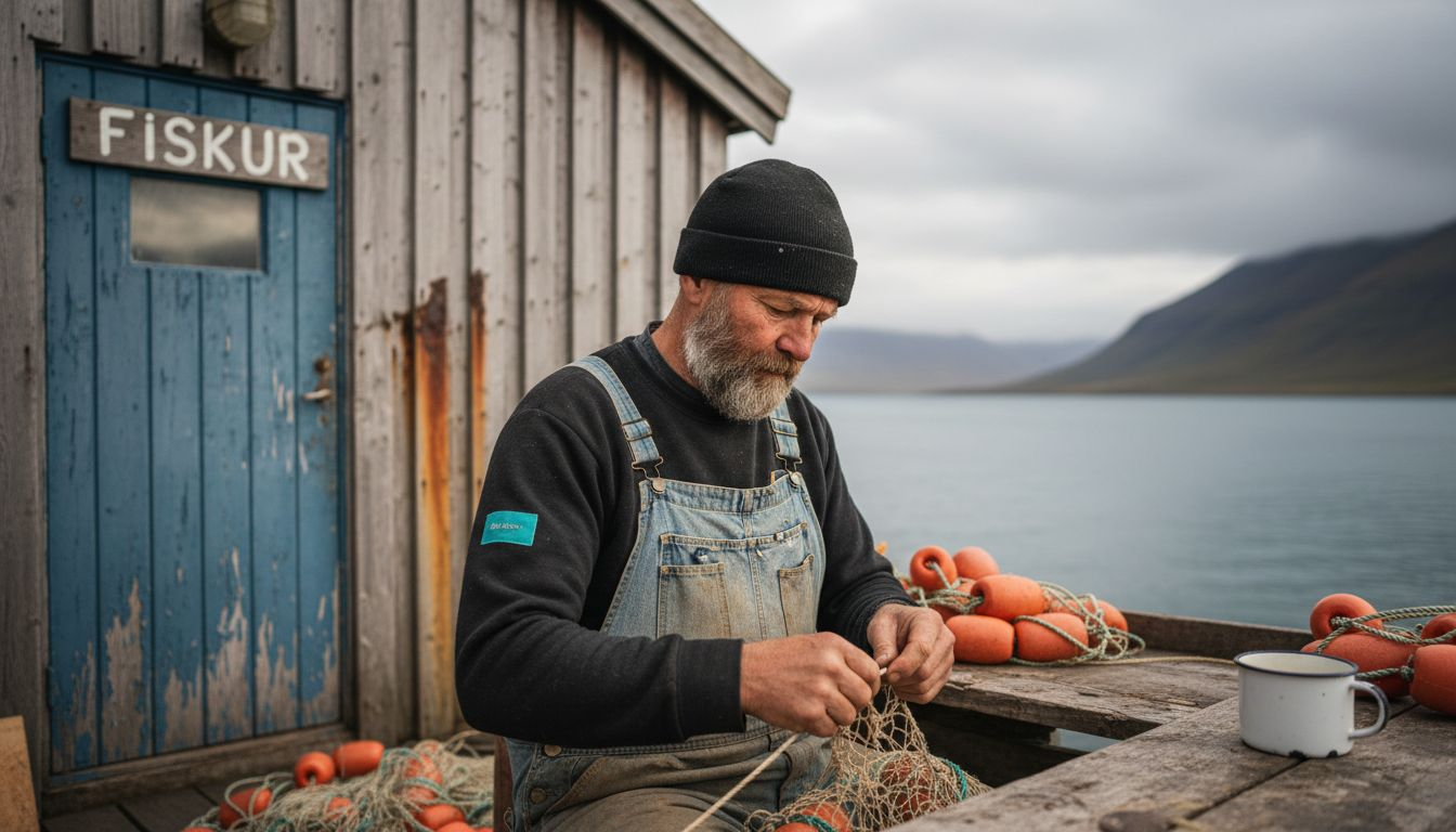 Icelandic fisherman repairing net portrait