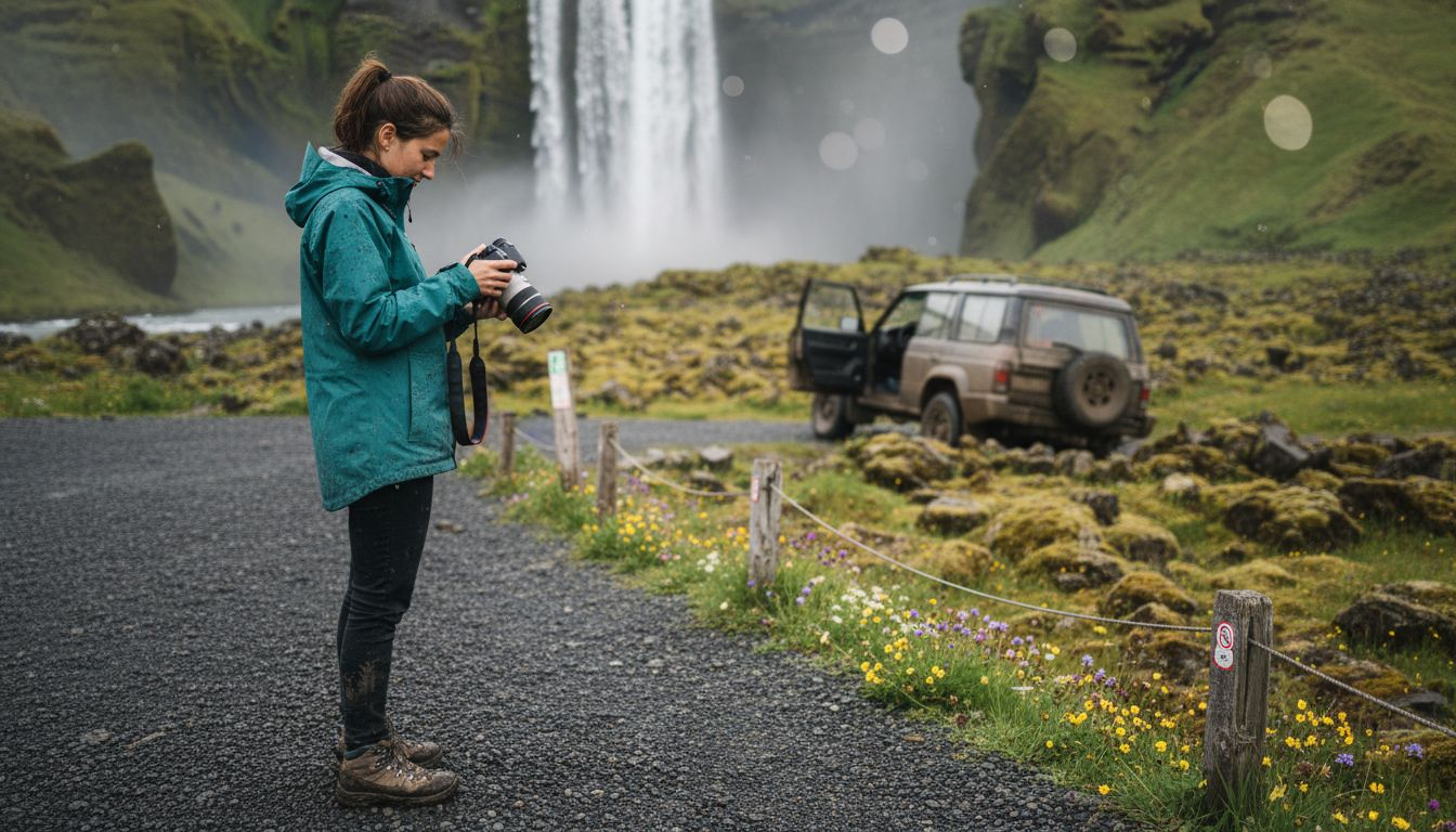 Photographer between Icelandic waterfall and volcanic field