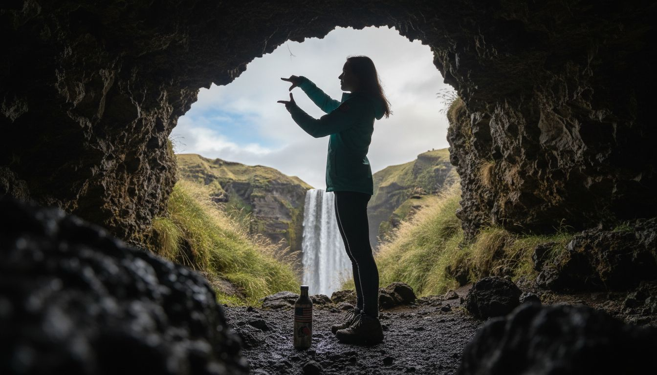 Woman framing waterfall from cave entrance