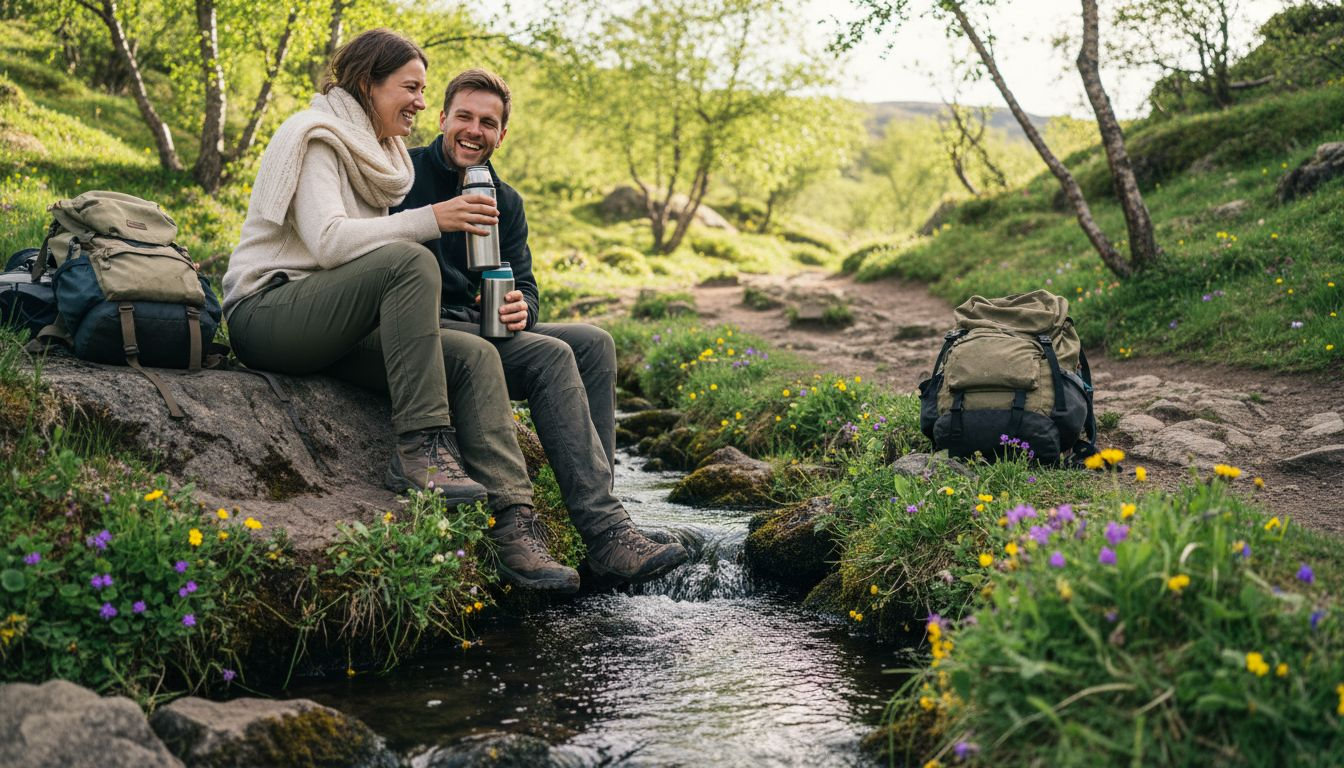 Couple sitting on mossy rock Gjáin valley
