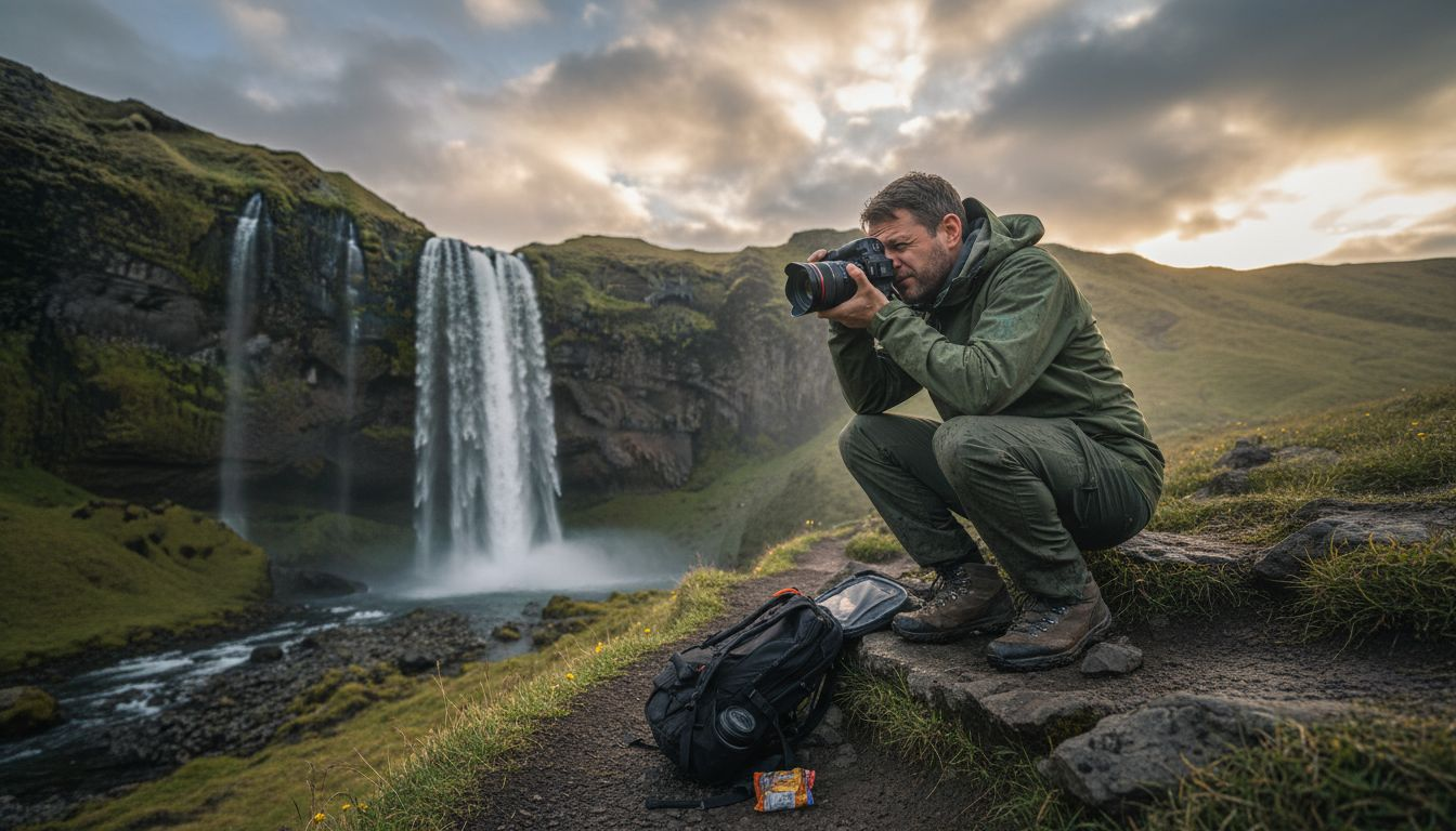 Photographer shooting Kvernufoss hidden waterfall