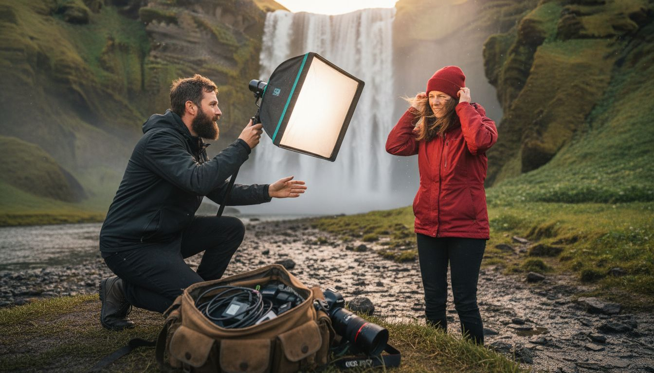 Photographer setting up lighting at Skógafoss