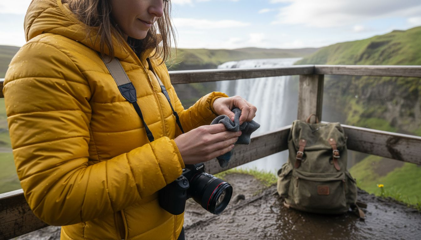 Photographer prepares camera near Icelandic waterfall