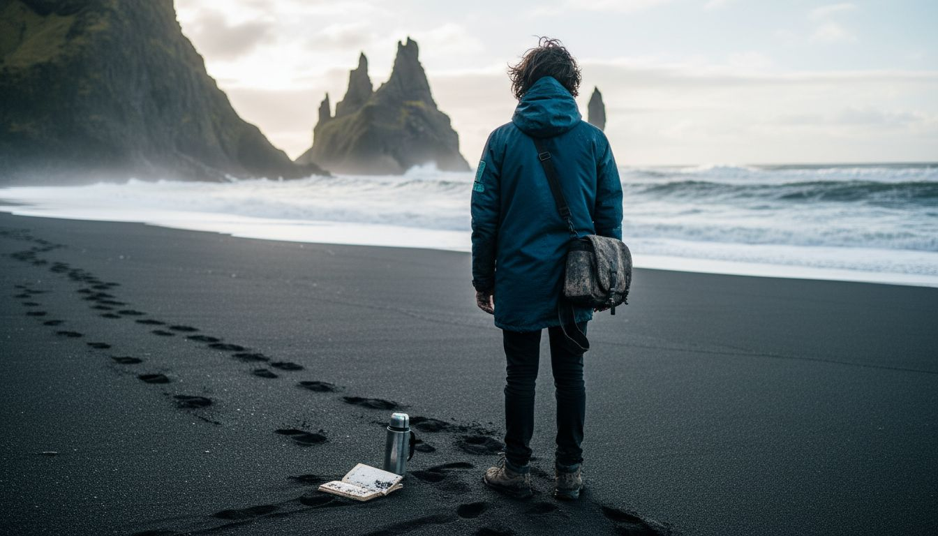 Traveler looking over black sand beach