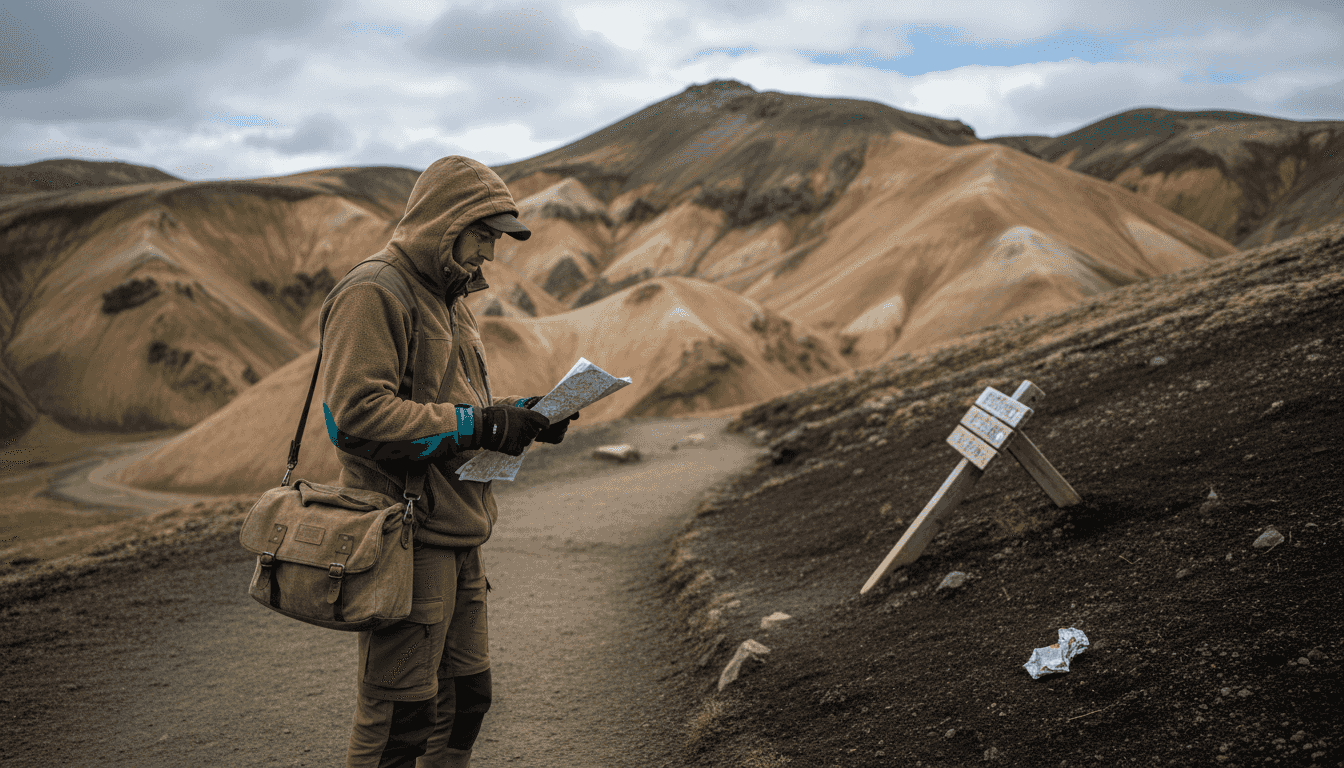 Hiker along Landmannalaugar rhyolite mountain trail