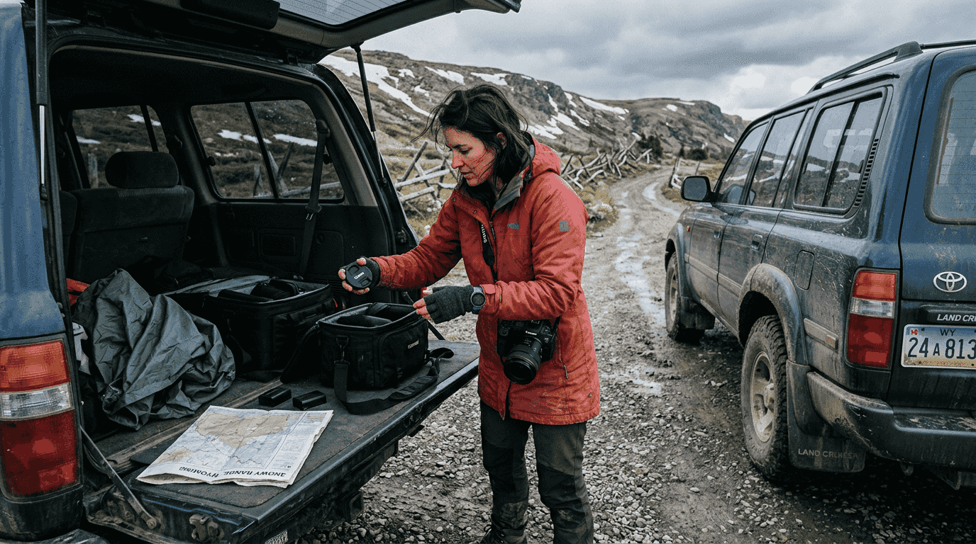 Photographer prepares gear beside Iceland road