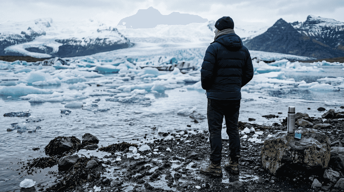 Man observing glacier lagoon scene