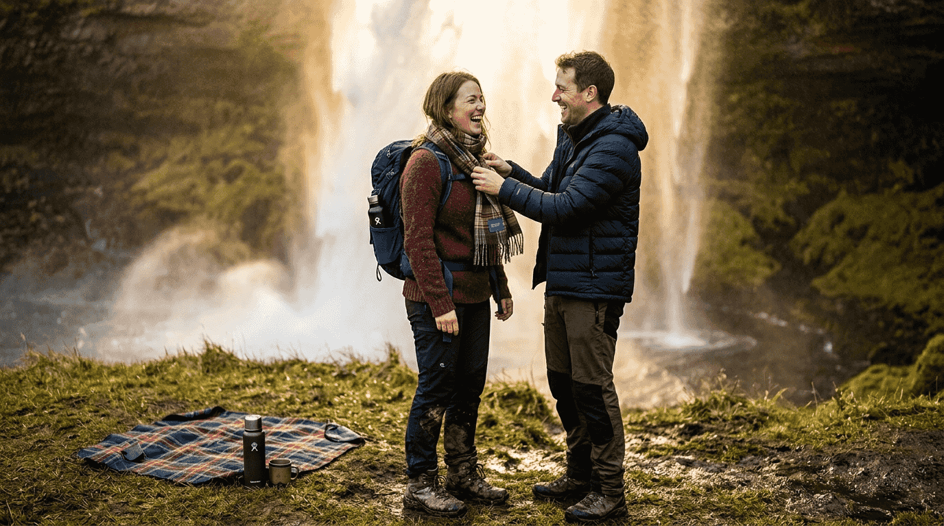 Couple near Seljalandsfoss at golden hour