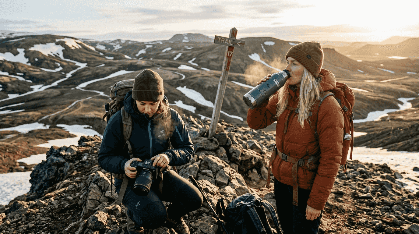 Hikers adjusting camera on Icelandic hillside