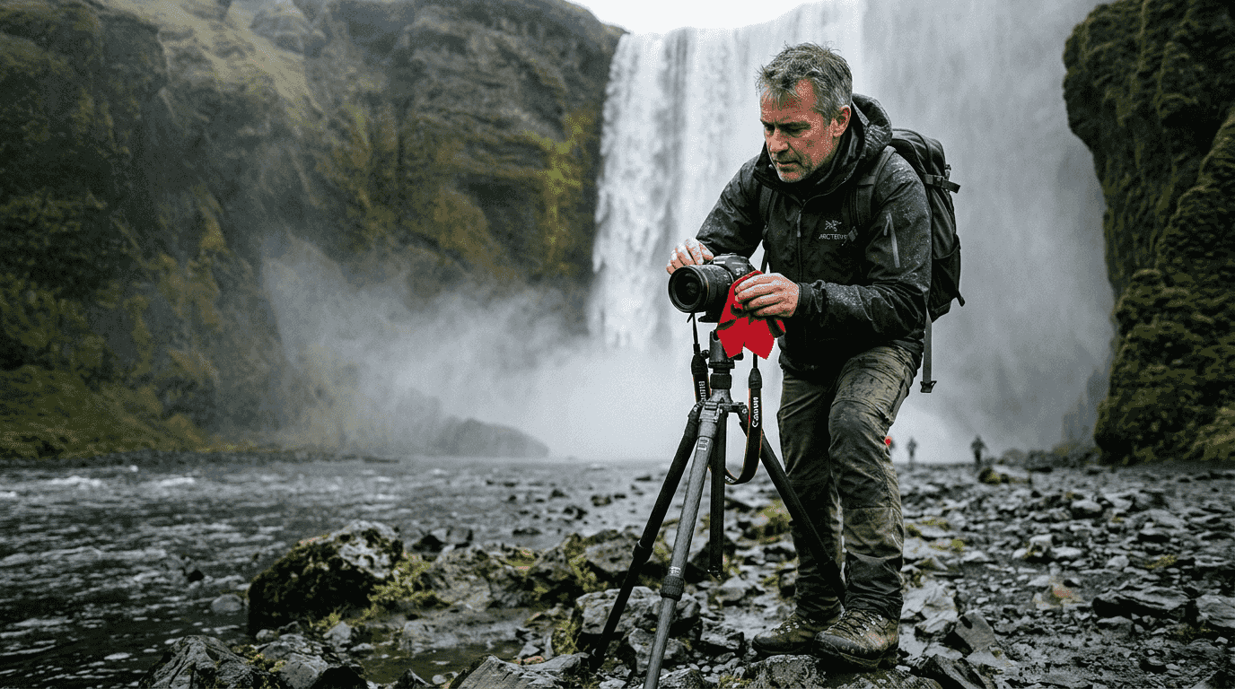 Photographer preparing at Skógafoss waterfall base