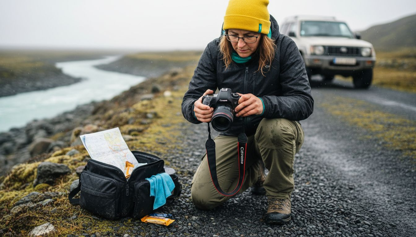 Photographer prepares camera in rugged Iceland setting