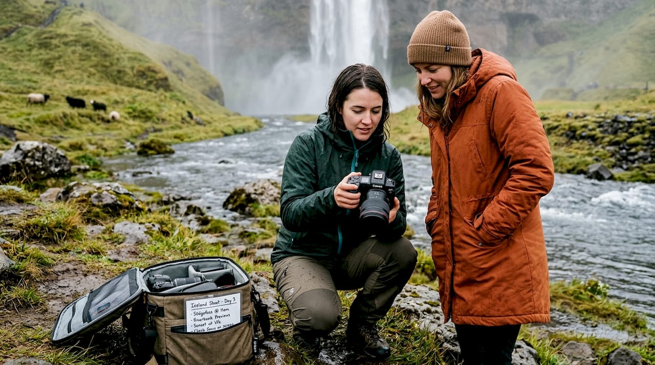 Photographer guiding client by Iceland river