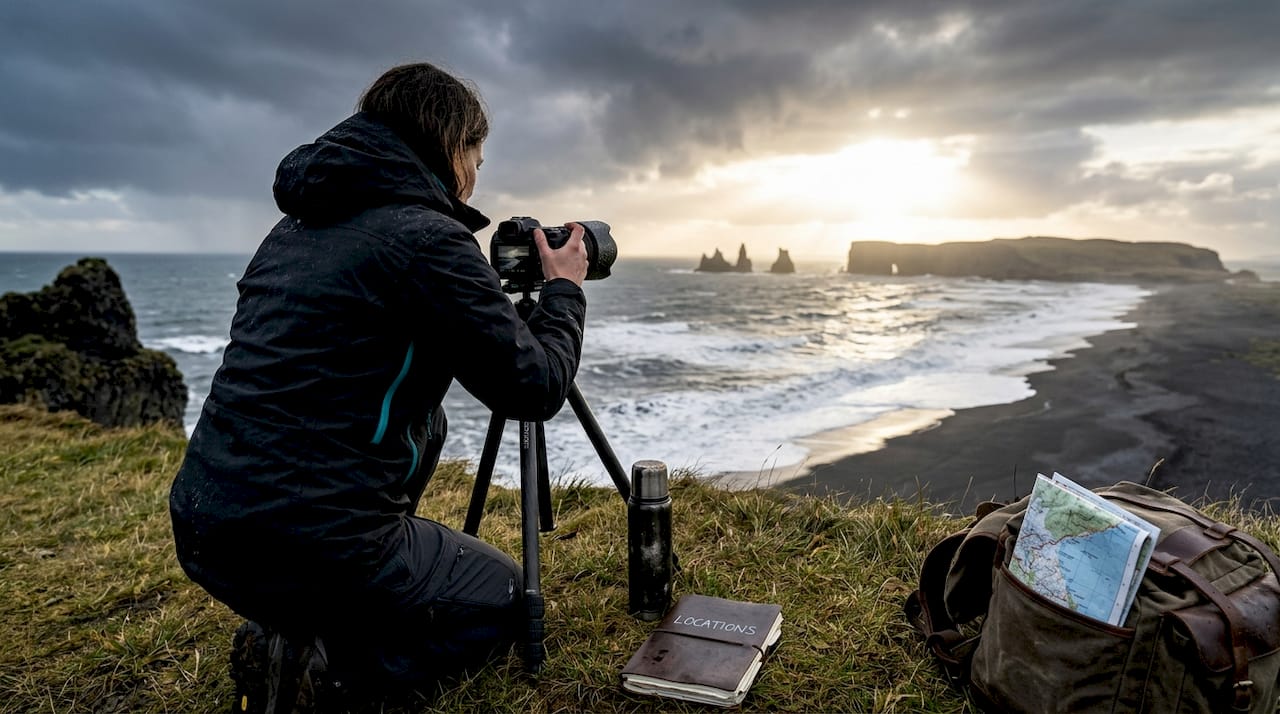 Photographer prepares gear in golden hour Iceland