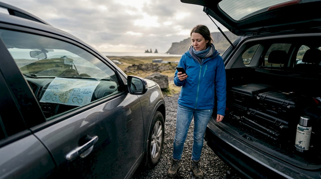 Photographer checking gear and weather before shoot