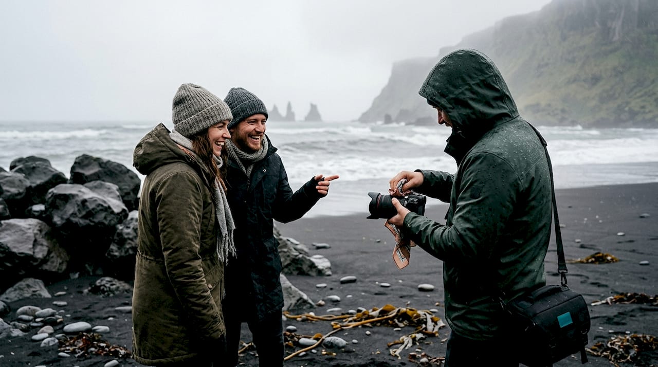 Photographer giving candid direction on windy beach