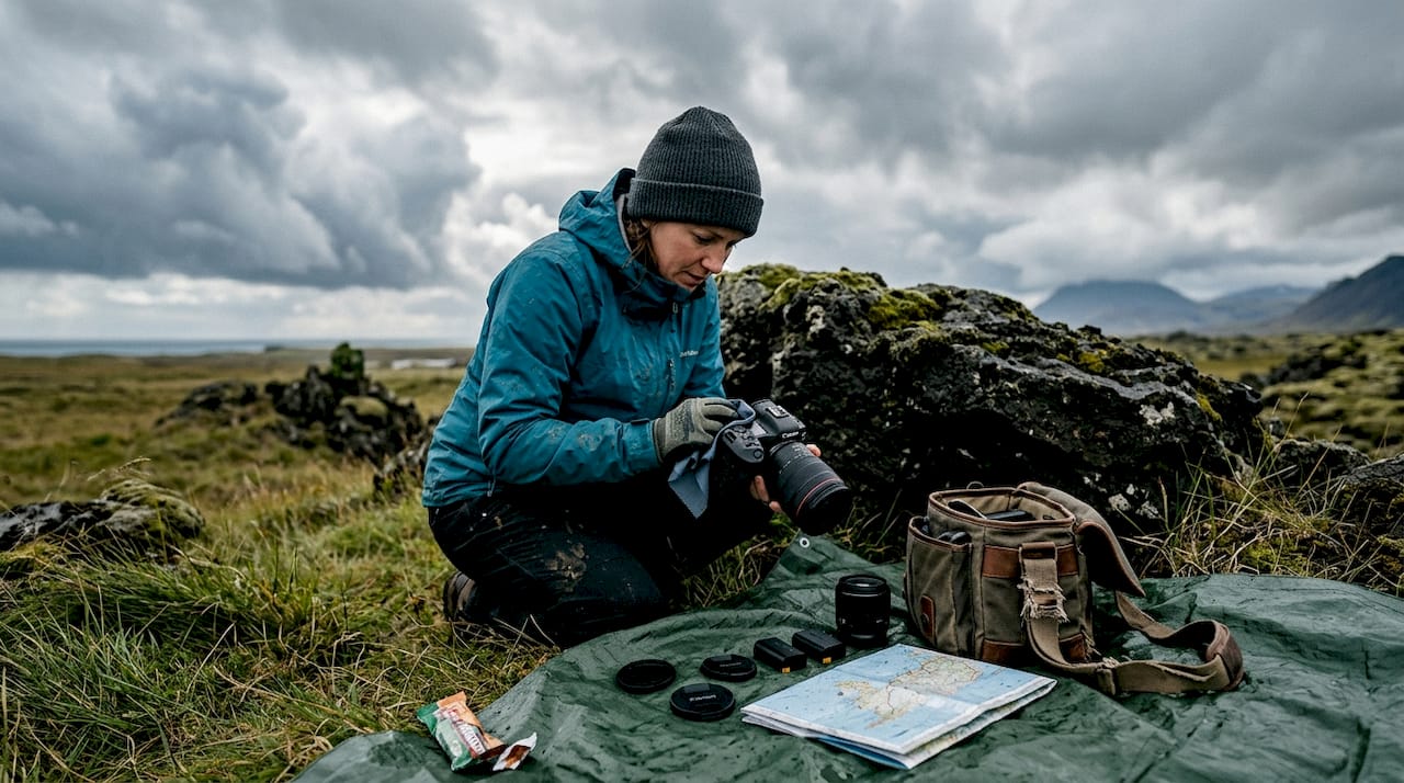 Photographer protects gear during Iceland storm