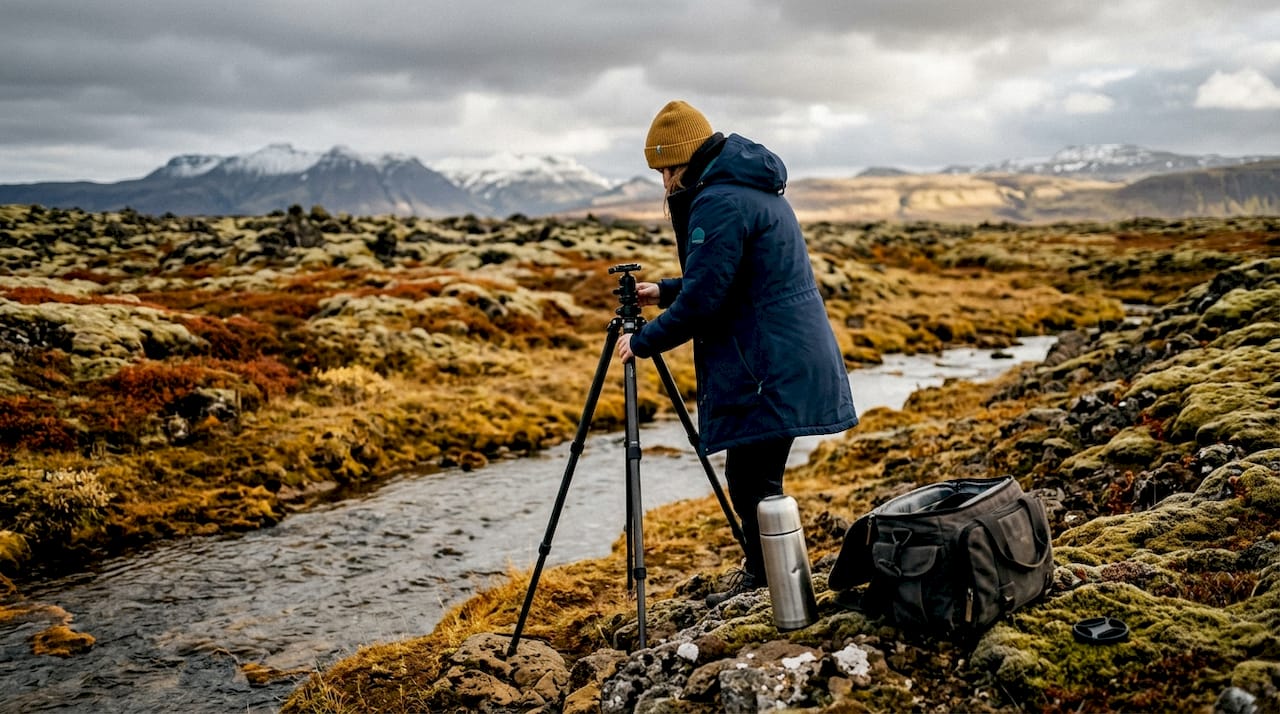 Photographer prepares for shot in autumnal Iceland