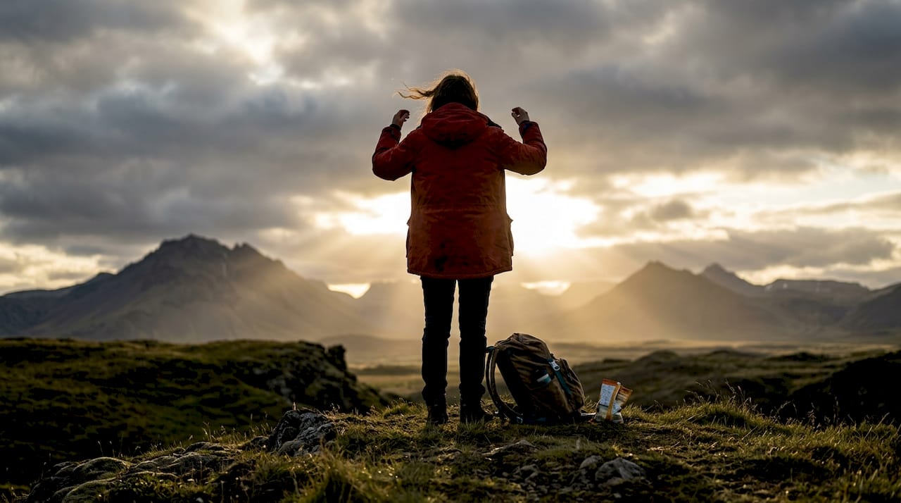 Silhouette of hiker at sunset in Iceland