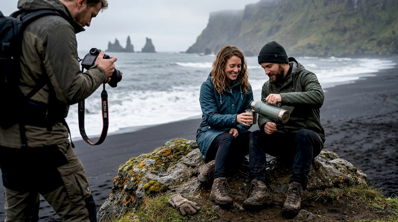 Couple shares coffee by Icelandic black sand beach