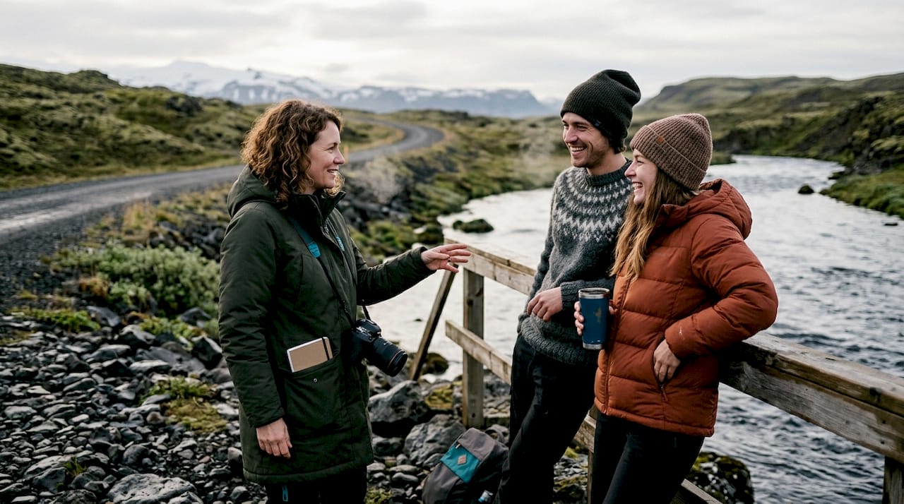 Photographer guiding couple by rural Iceland river
