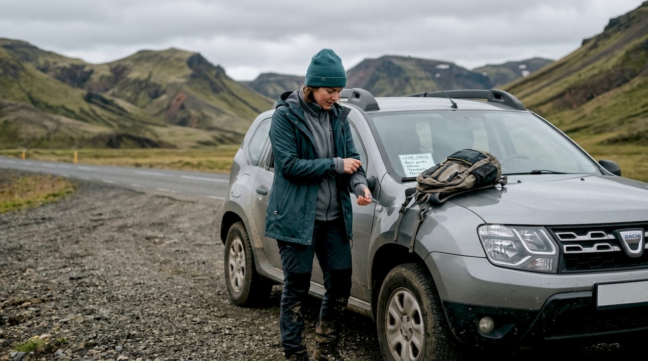 Traveler adjusting layered clothes by Iceland road
