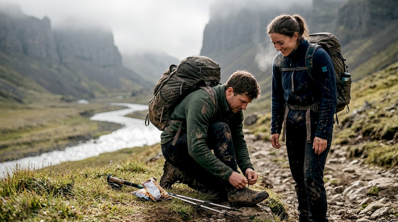 Hikers sharing candid moment in Iceland