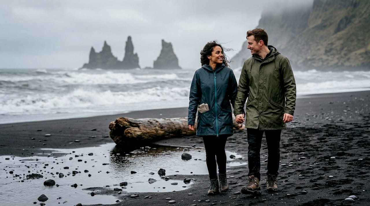 Couple walking on Iceland black sand beach