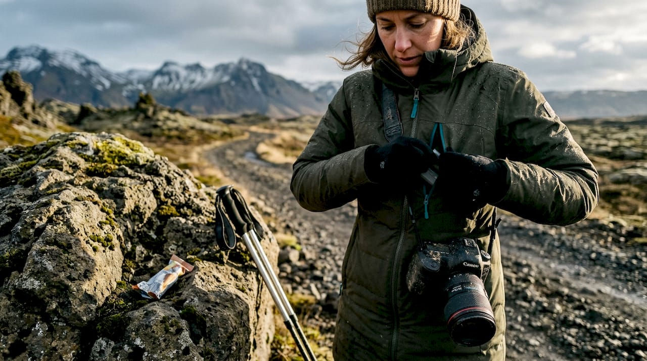 Photographer storing warm camera batteries outdoors