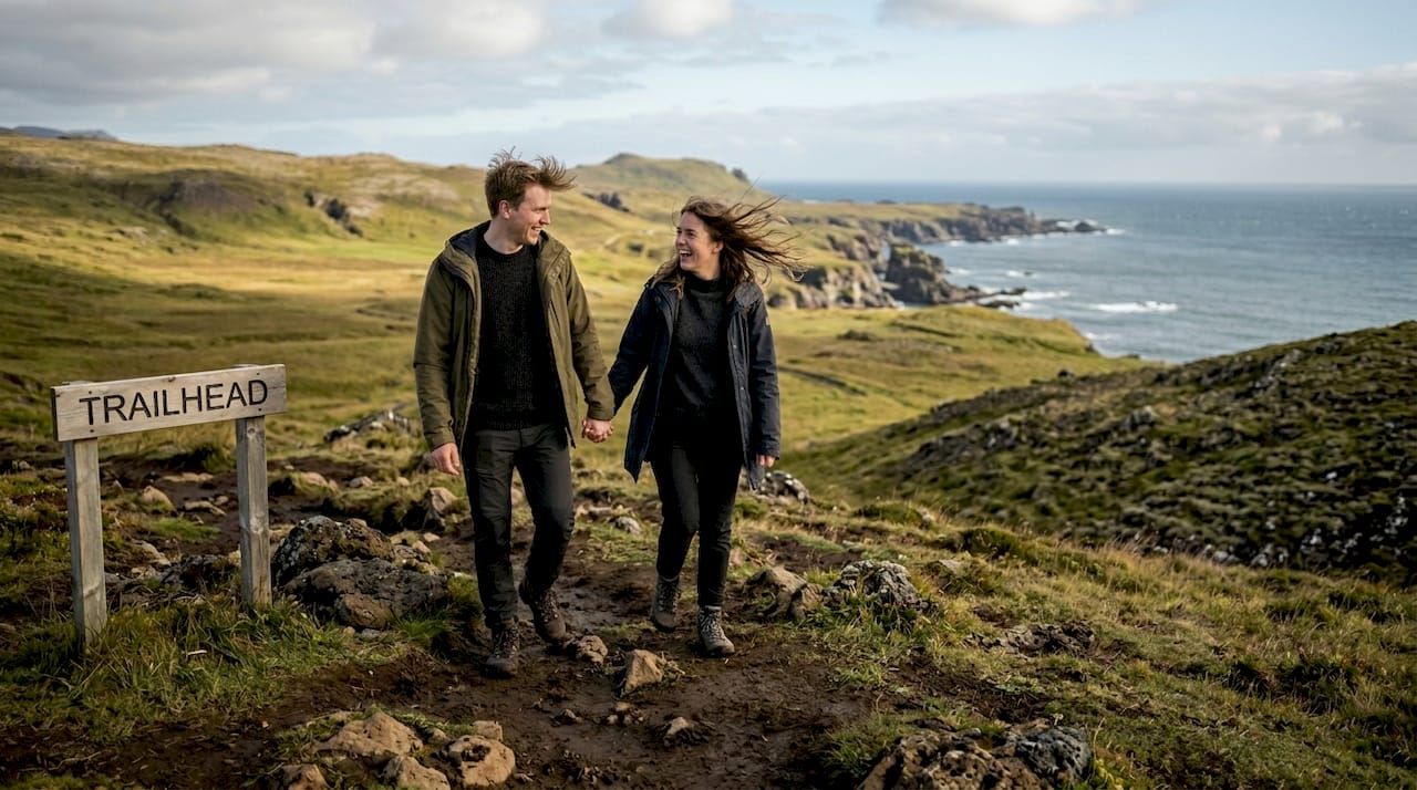 Couple poses in windy Iceland landscape