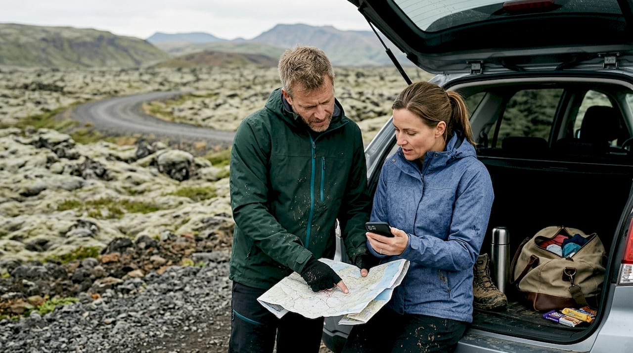 Couple planning Iceland photo stop beside SUV