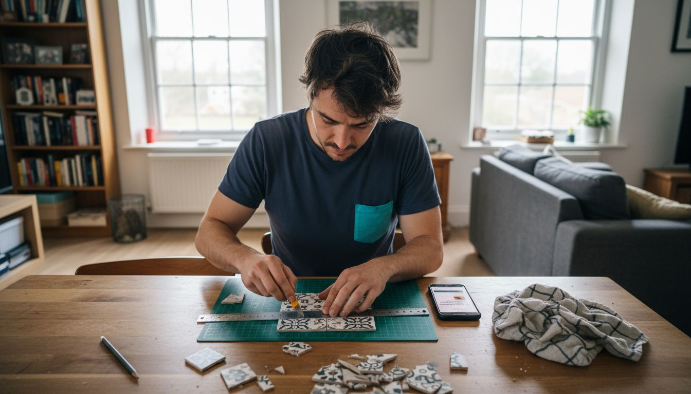 Man cutting peel and stick tile at home