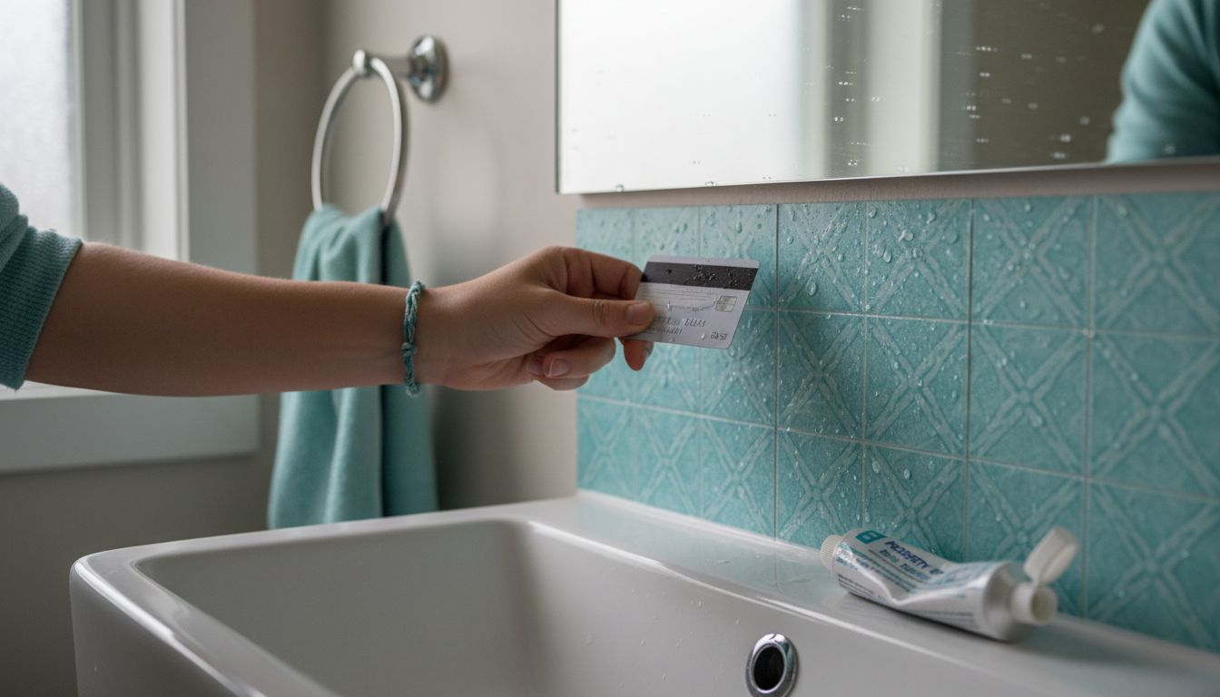 Hand testing water-resistant tile sticker in bathroom