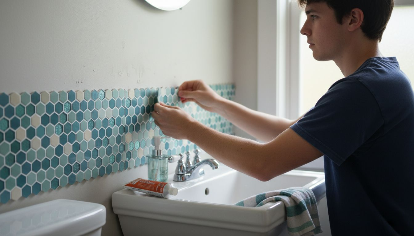 Person updating bathroom backsplash with tile stickers