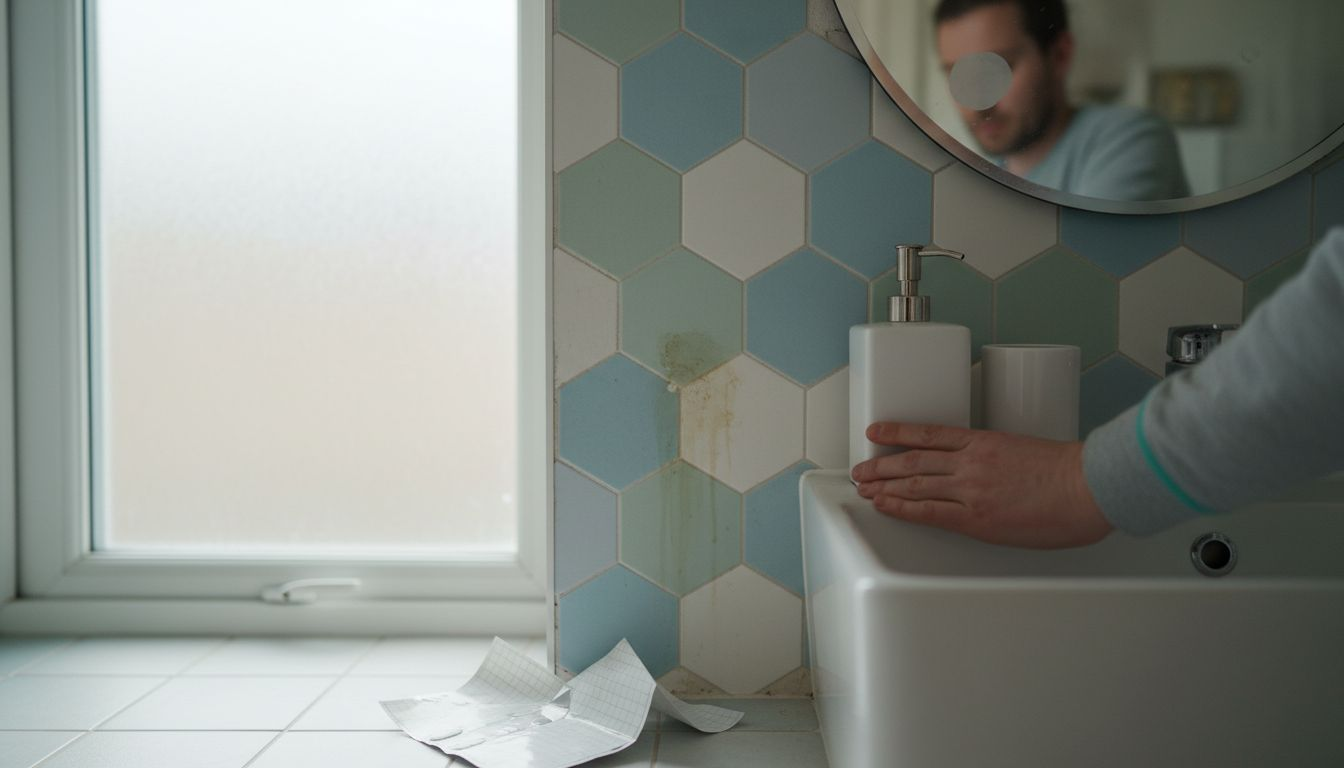 Vinyl tile stickers on bathroom wall