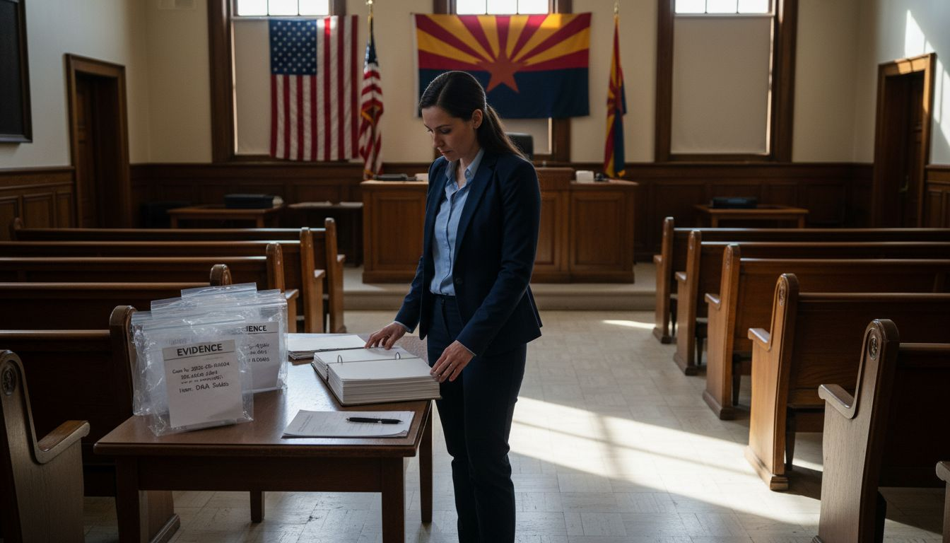 Attorney examines evidence in Arizona courtroom
