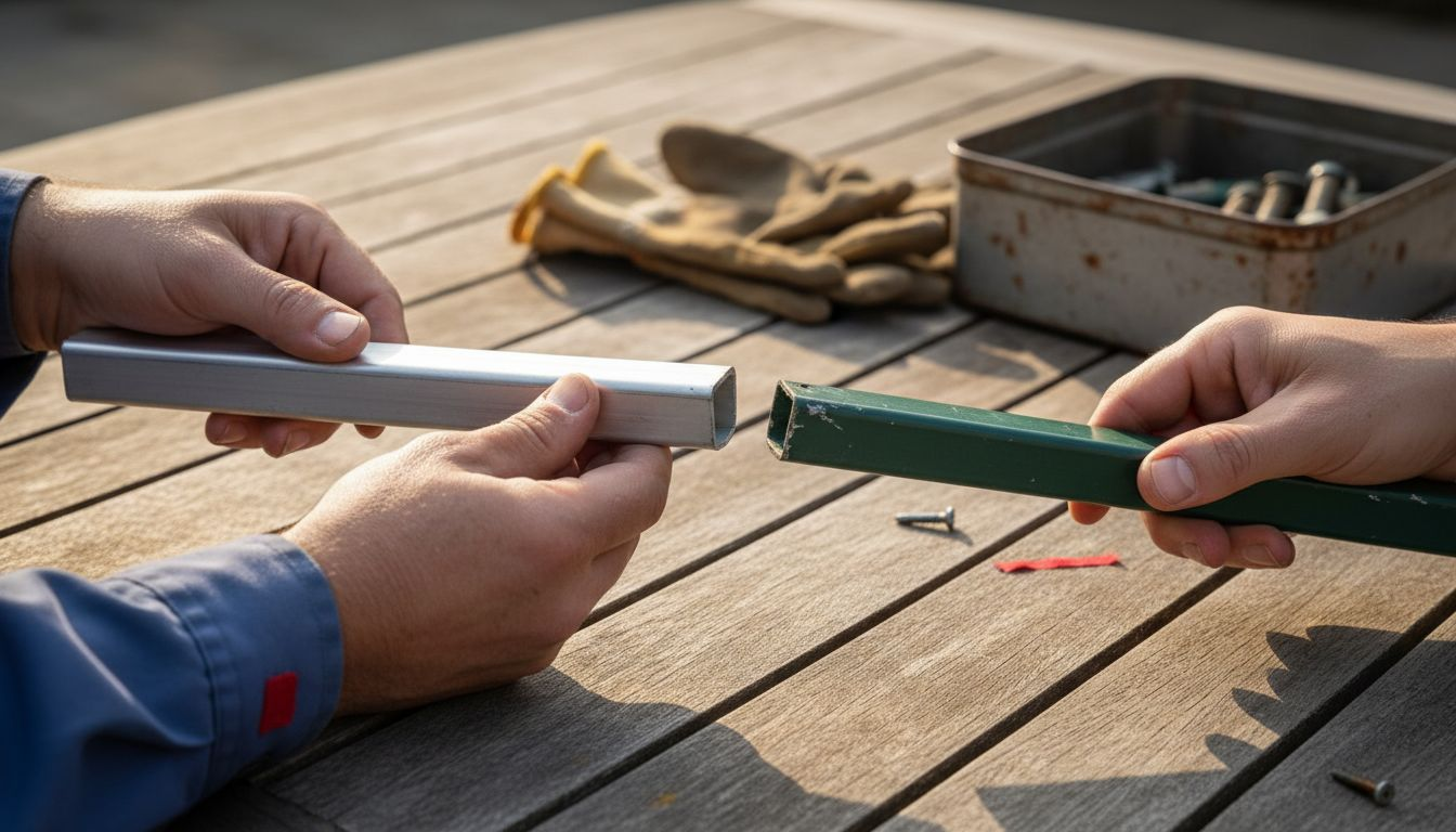 Handen die stoffen van een tent en een paviljoen met elkaar vergelijken