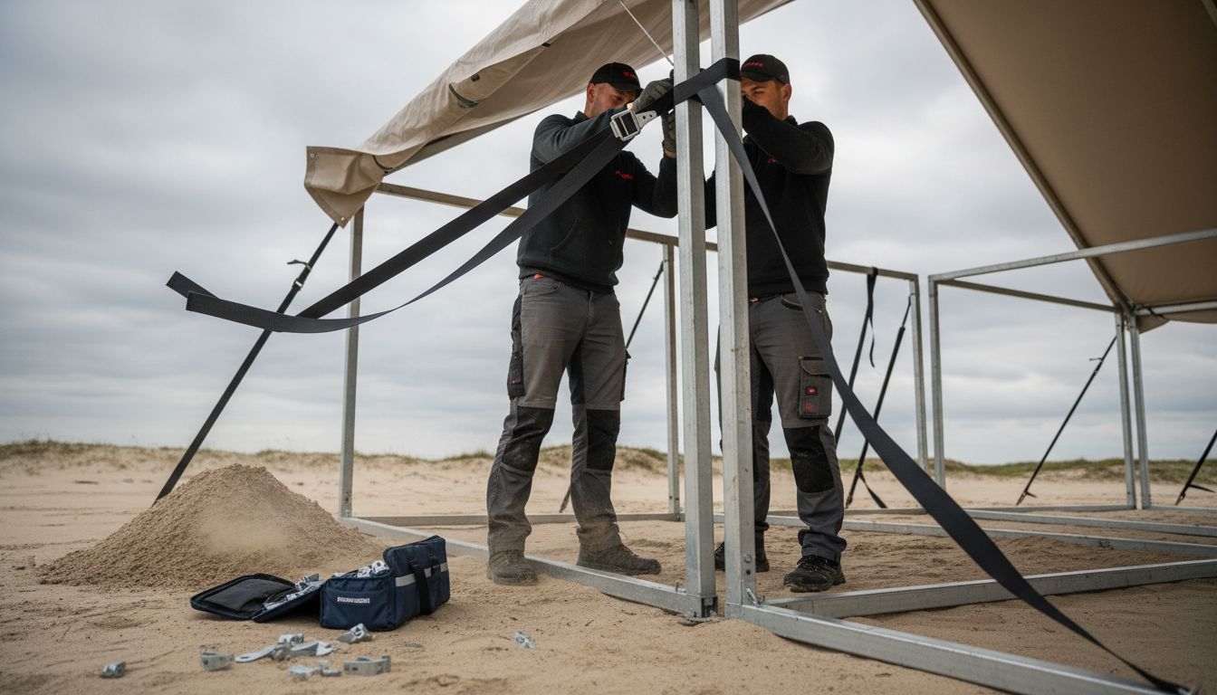 De stormbanden zijn stevig aan het frame van de feesttent vastgemaakt.