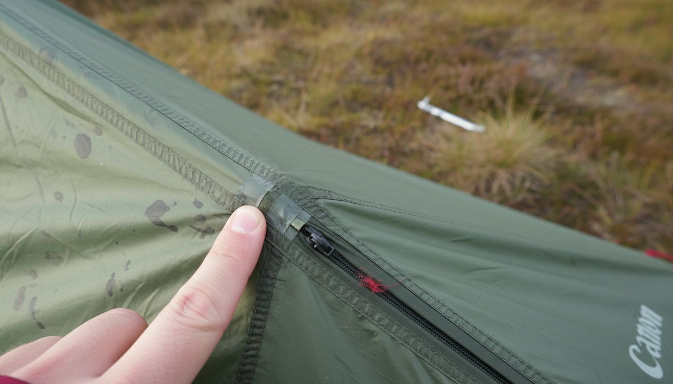 Gedetailleerde close-up van een stevig waterdichte tentnaad en het duurzame tentdoek.
