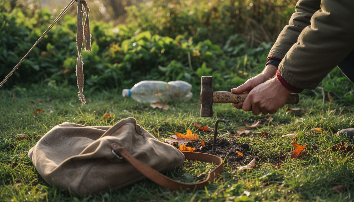 Met de hand slaat iemand een haring schuin de grond in bij het opzetten van de tent.