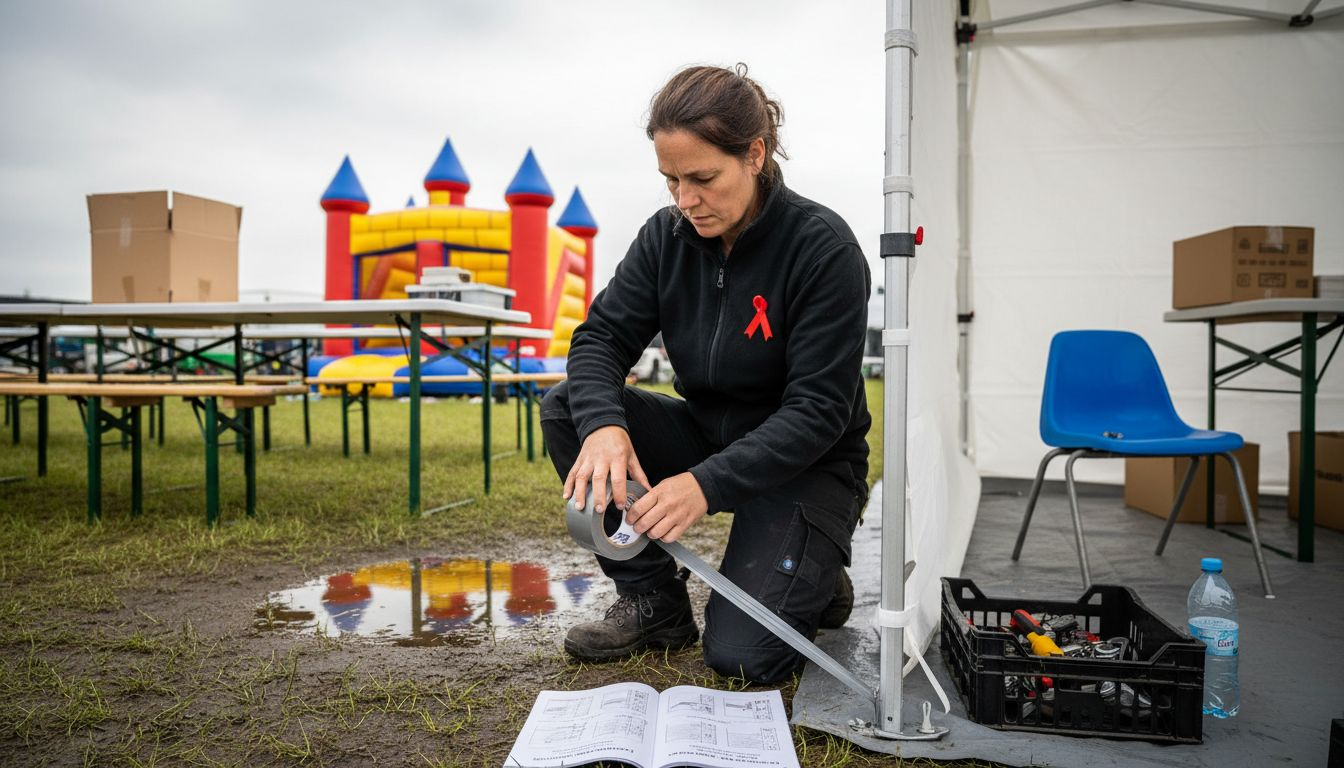 De organisator zorgt ervoor dat de opvouwbare tent stevig vaststaat tijdens het evenement.