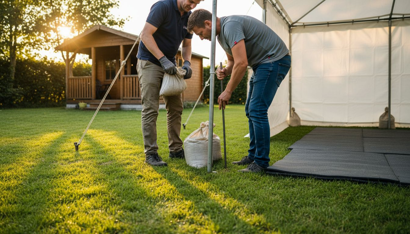 Twee personen bevestigen gewichten aan de poten van een partytent.