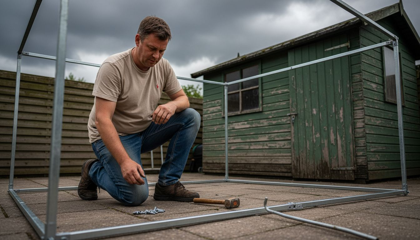 Een man bekijkt het materiaal van een partytent in de buitenlucht.