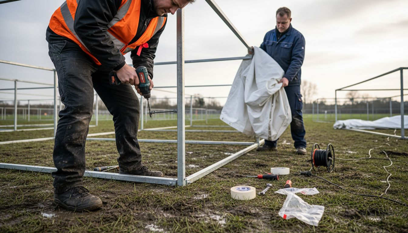 Het opzetten van de feesttent gebeurt met behulp van verschillende materialen en een team van enthousiaste bouwers.