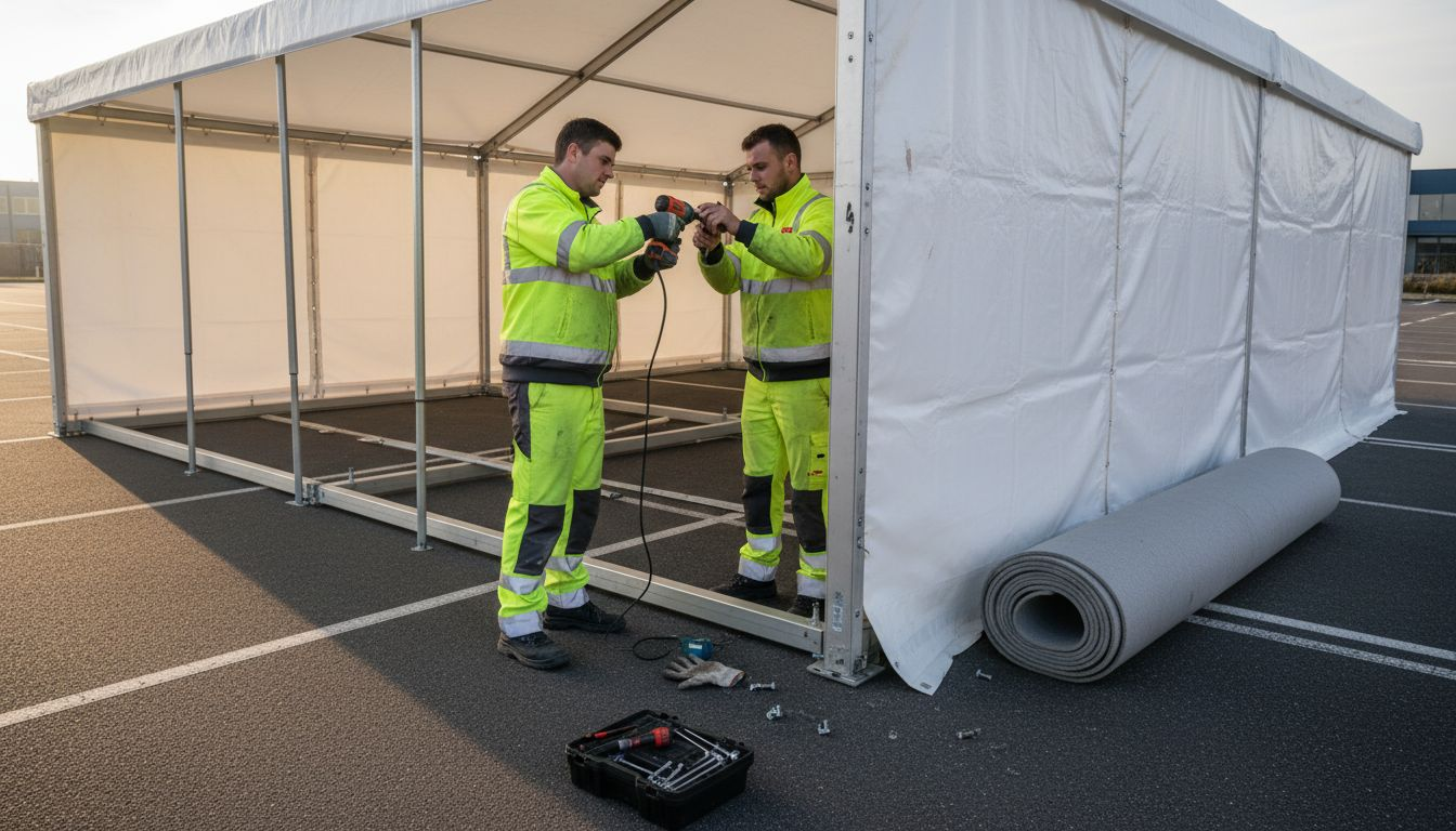 Opbouw van de feesttent voor het zakelijke evenement op het parkeerterrein